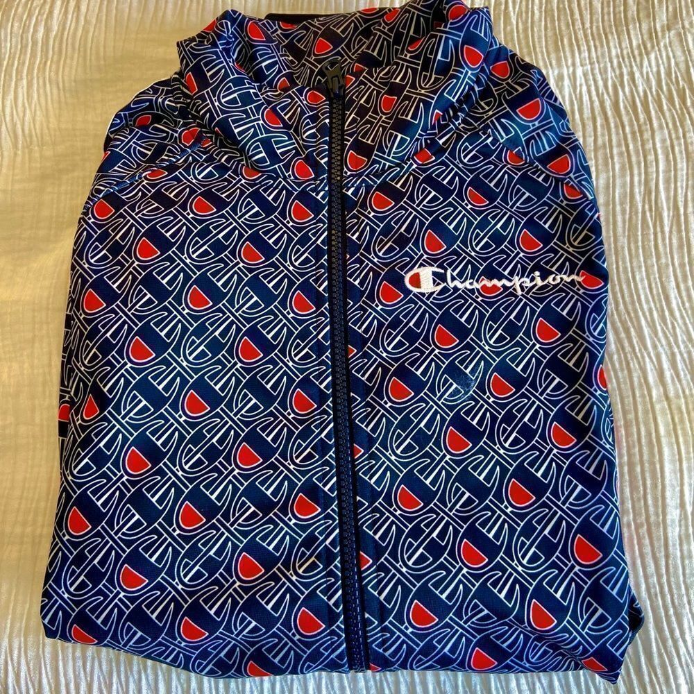 Champion Allover Logo Blue Zip Up Track Jacket Size Medium. Worn On TV Show - Picture 13 of 14